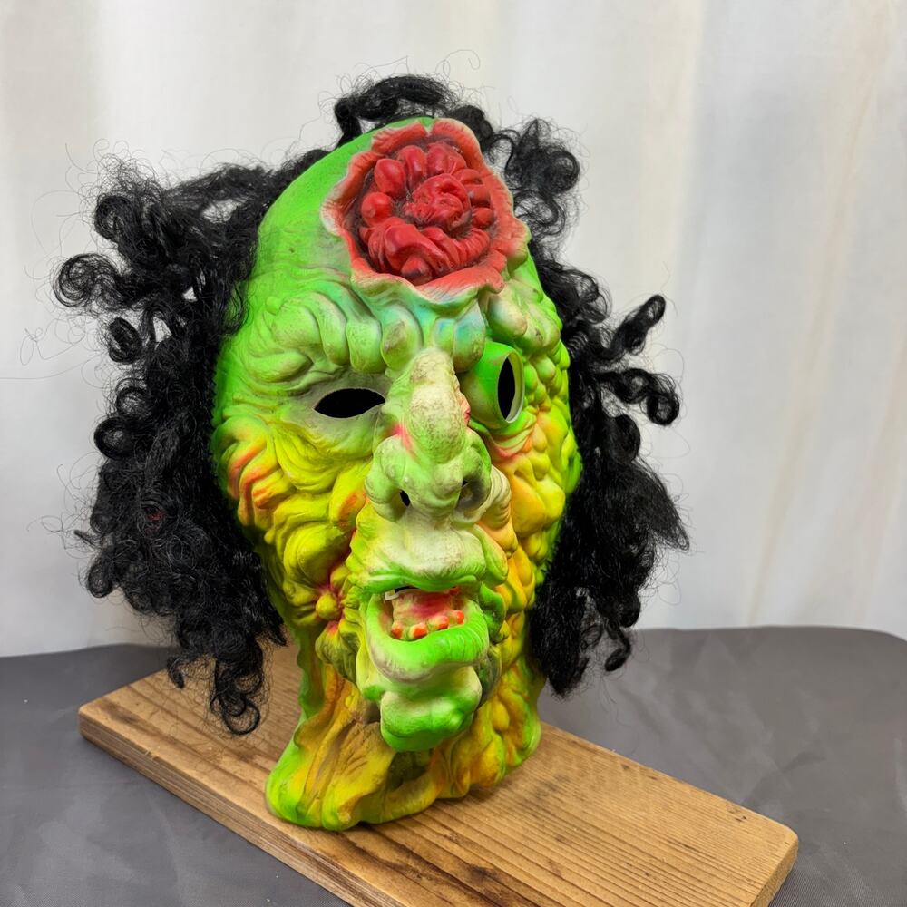 Zombie Monster Halloween Mask Vintage 1990s Fun World Vinyl Green Black Hair